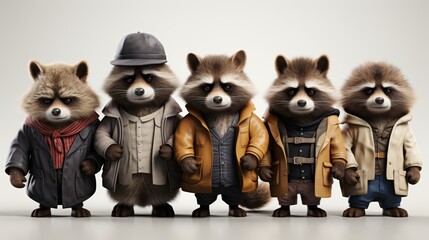 Playful raccoon ensemble showcasing energetic dance routine against white backdrop