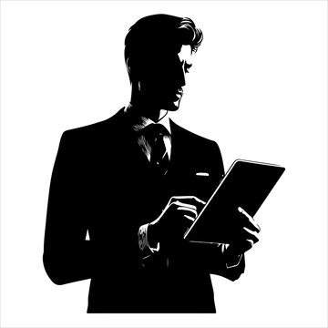 recommend clip art: 
                    A man in a suit is holding a tablet Businessman stands with a tablet vector silhouette. Vector silhouette of businessman with tablet