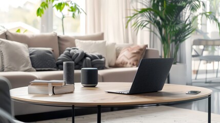 Illustrate a laptop on a coffee table in a stylish living room, with a smart home assistant nearby, emphasizing the integration of technology in everyday life.