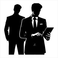 
A man in a suit is holding a tablet Businessman stands with a tablet vector silhouette. Vector silhouette of businessman with tablet
