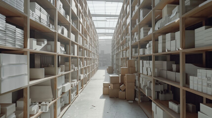 Big warehouse filled with goods. Background image. Created with Generative AI technology.