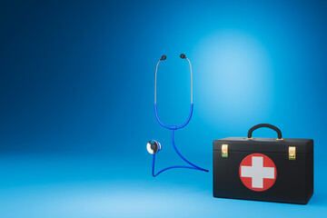 Obraz premium Black first aid box or bag medical emergency equipment hospital medicine aid medic pharmacy 3D illustration Isolated on a blue background