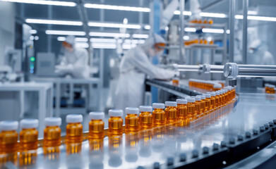 Advanced pharmaceutical assembly line with orange vials being meticulously processed. Robotic arms are seen delicately handling the vials with precision. 