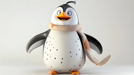 Fototapeta premium Chubby Cartoon Penguin in Scarf on White Background