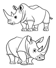 Fototapeta premium Set of cartoon rhinoceros, simple kids coloring pages, illustration.