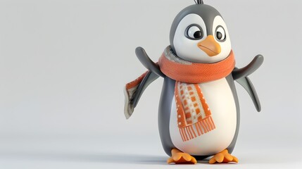 Chubby 3D Penguin in Scarf on White Backdrop,Cute Cartoon Character in Winter
