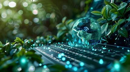 Conceptual image of wireless connectivity with a digital globe overlaying a keyboard