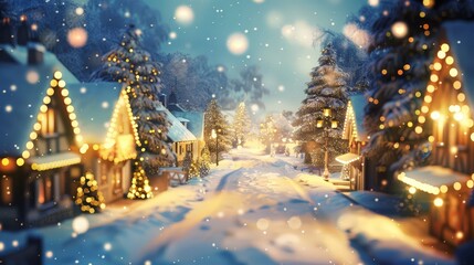 Naklejka premium Illustrate a scene of a snowy village with charming cottages, each decorated with Christmas lights and surrounded by snow-covered trees.