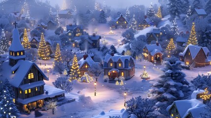 Illustrate a scene of a snowy village with charming cottages, each decorated with Christmas lights and surrounded by snow-covered trees.
