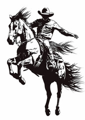 cowboy riding a bucking rodeo horse illustration on a white background