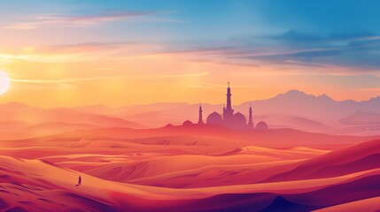 Illustrate a serene desert landscape at dawn with a lone figure making their way to the mosque, symbolizing the journey of faith.