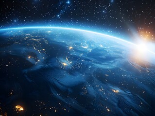 The Earth from space, showing continents and oceans with the glow of city lights against the night sky filled with stars.