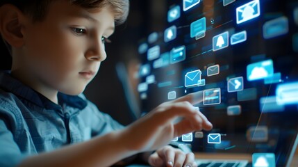 A young boy, focused on a laptop, interacts with floating digital icons in a futuristic environment.