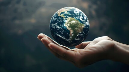 A hand cradles a detailed, floating Earth against a blurred background, symbolizing care and stewardship for our planet.