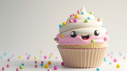 Adorable 3D Rendered Cupcake with Smiling Face and Colorful Sprinkles