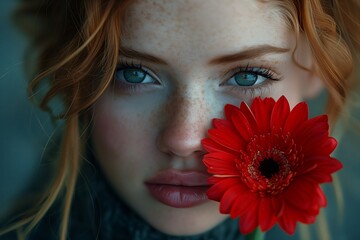 A young woman with red hair and freckles looks directly at the camera, holding a red flower near her face