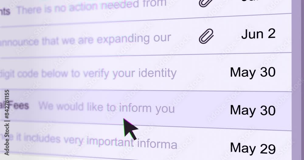 Wall mural looking over list of emails, scrolling mail list on computer, mail account interface with cursor arr