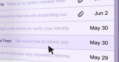 Looking over list of emails, scrolling mail list on computer, mail account interface with cursor arrow, footage