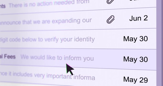 Looking over list of emails, scrolling mail list on computer, mail account interface with cursor arrow, footage