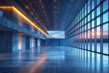 3D rendering of a vacant stadium during evening, focus on, modern theme, dynamic, composite, nightfall backdrop