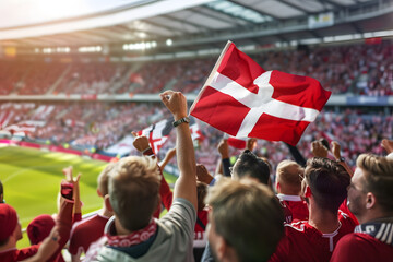 Fototapeta premium Fans waving the flag of Denmark at a football match, with the stadium crowd in the background