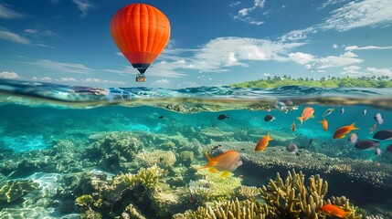 Serene Hot Air Balloon Voyage Over Vibrant Coral Reef and Marine Life