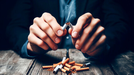 A man's hands breaking a cigarette, close-up, symbolizes smoking cessation, promoting the concept of combating tobacco smoking