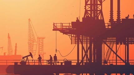 Obraz premium Silhouettes of workers on an offshore oil rig at sunset.