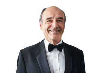 Smiling Senior Man in Black Tuxedo and Bow Tie on White Background