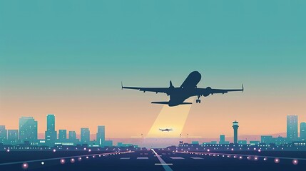 Silhouette of an airplane taking off over a city skyline at sunset.