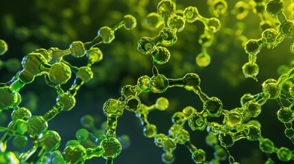 Illustrate the molecular structure of chlorophyll, showing its role in photosynthesis and its green pigment.