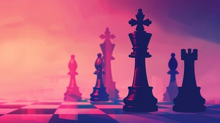 Silhouette of chess pieces on a checkered board against a vibrant purple and pink background.