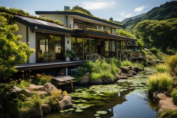 Sustainable house with solar panels and water capture., generative IA