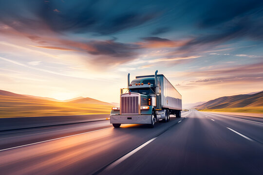 Freight truck driving on a highway at sunset, symbolizing long-distance transportation and timely delivery services
