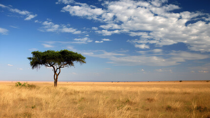 A vast savannah under the blue sky, with an acacia tree in the center of the frame. The golden grass is endless, creating a serene scene that evokes feelings of tranquility and natural beauty.