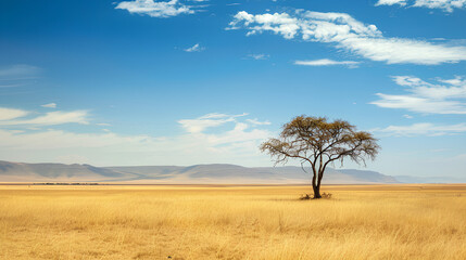 Fototapeta premium A serene African savannah under the blue sky, with one lone acacia tree standing tall in an open field of golden grass. The vast landscape stretches out to distant mountains and hills