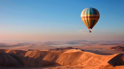Hot Air Balloon Drifting Above the Vast Desert Dunes Under a Clear Blue Sky