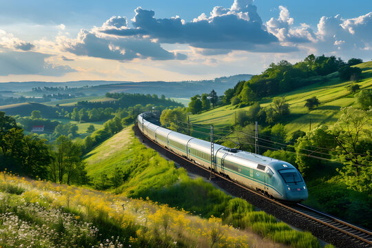 High-speed train transporting goods through a scenic countryside, emphasizing fast and reliable logistics and transportation services 