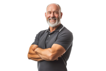 Smiling Fit Senior Man in Dark Polo Shirt with Arms Crossed on White Background