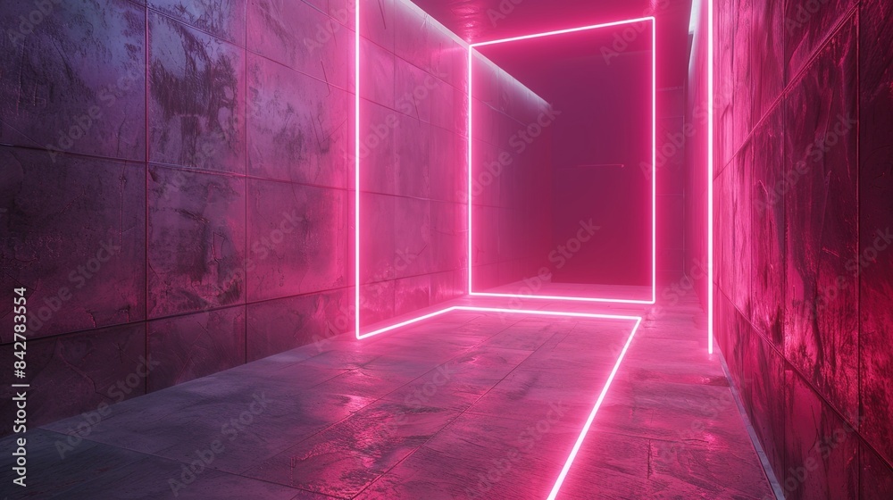 Sticker wall and floor 3d render, pink neon lines