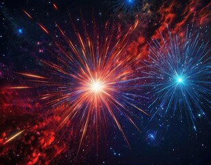 Red and blue fireworks light up the night sky, patriotic celebration.