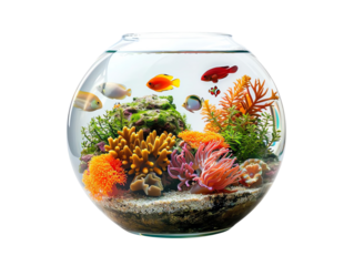 Aquarium with Coral Reef A fish bowl with a mini coral reef and tropical fishon white background