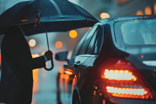 Chauffeur holding an umbrella and opening the car door for a passenger, representing premium and attentive taxi services 