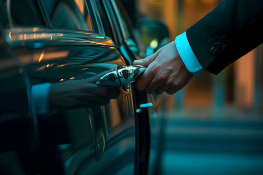 Close-up of a chauffeur's hand holding the handle of a luxury car door, ready to open it for a passenger, symbolizing exclusive service