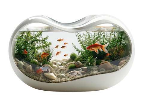 Double Compartment Bowl A fish bowl with two compartments, each housing different types of fish and plantson white background