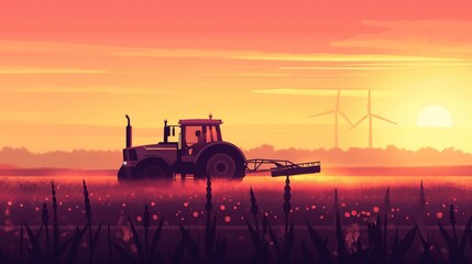 Fototapeta premium Tractor Spraying Crops at Dusk with Wind Turbines in Background