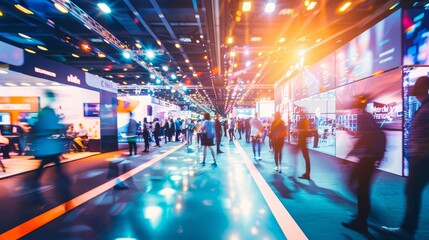 bustling trade show floor with blurred crowds and illuminated exhibit booths abstract background