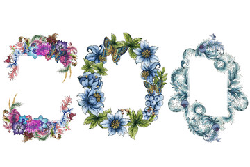 Jacobean Rococo Baroque bouquet elements in Eastern style. Floral borders, flower ethnic illustration. Indian ornaments.