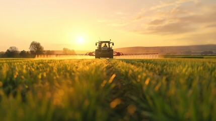 Fototapeta premium Tractor efficiently sprays water on lush crops at sunrise, reflecting sustainable agricultural practices and water conservation
