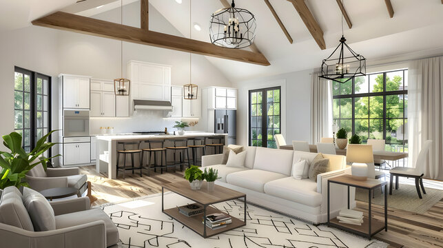 Beautiful living room interior in new luxury home with view of kitchen Home interior with hardwood floors and open floorplan showing dining room